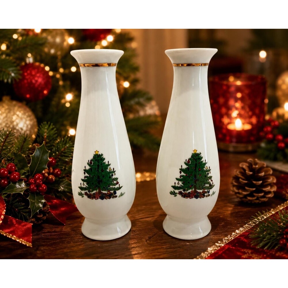 Vintage Jamestown China Christmas Treasure Bud Vases Pair, Christmas Tree Vase